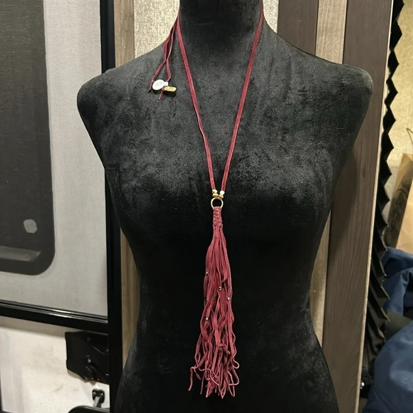 Handmade Faux Maroon Suede & Gold Bead Long Tassel Necklace NWT - Picture 4 of 7